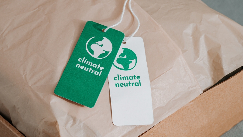 Two product tags show a climate neutral label, highlighting certified carbon reduction and offsetting efforts