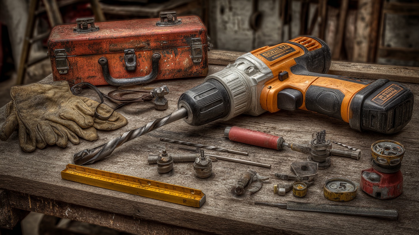 Workbench with power drill, gloves, toolbox, and various DIY tools for solar pergola construction