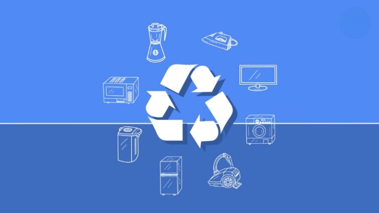 Circular economy graphic with a recycle symbol and household appliances around it