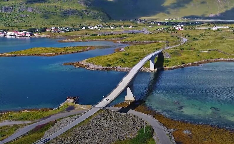 A sweeping aerial view of the Atlantic Road bridge in Norway
