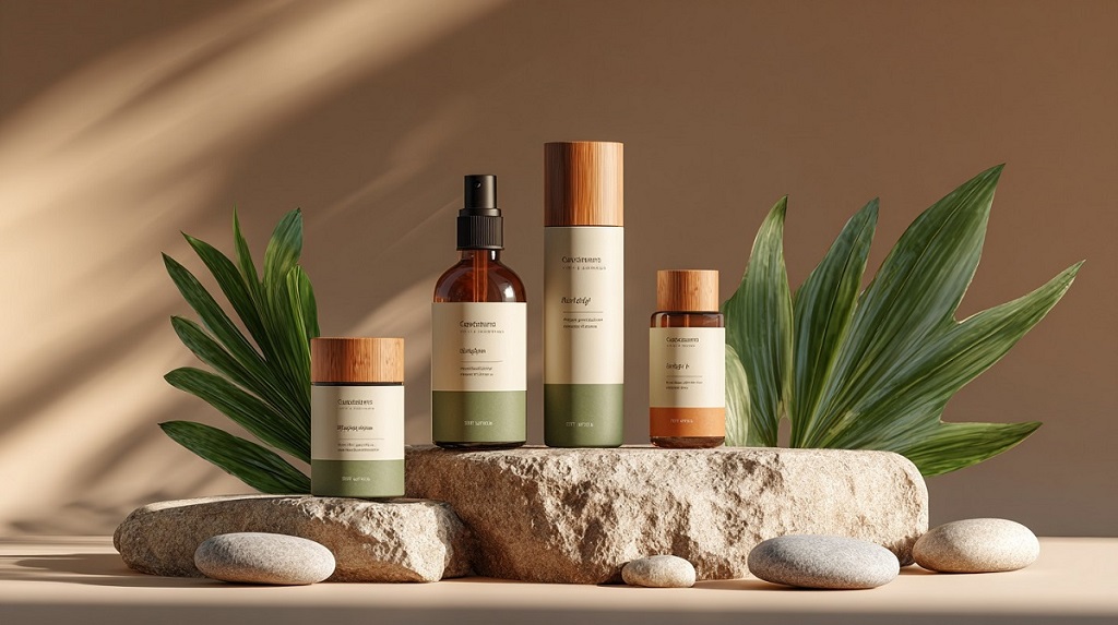 Eco-friendly skincare collection with wooden caps and minimalist design, displayed on stone with green leaves in the background