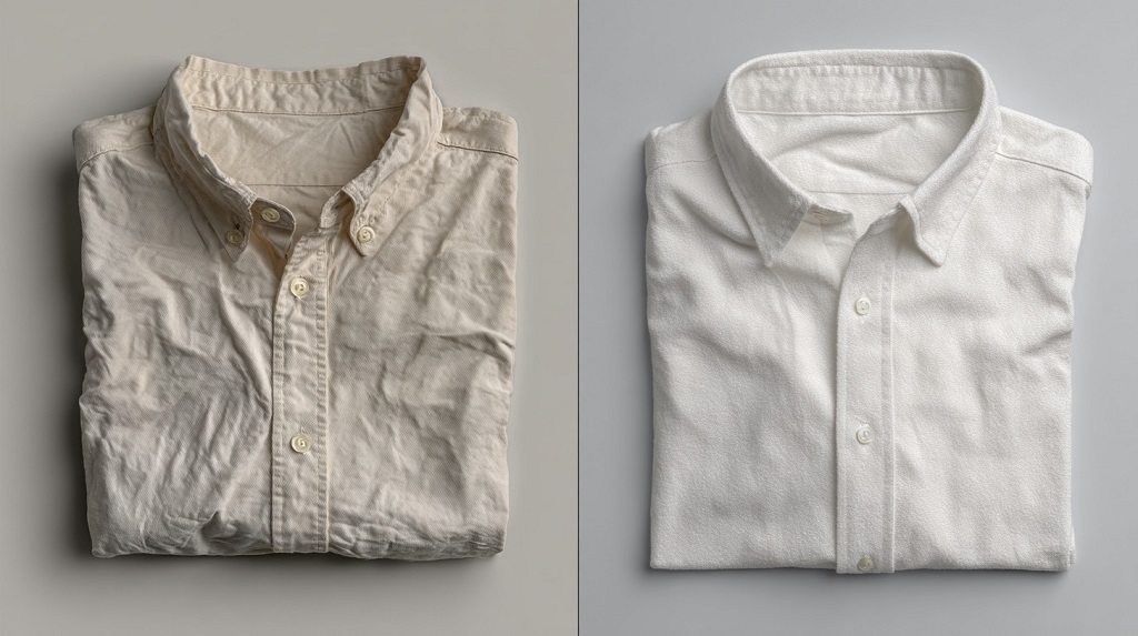 Pilled polyester shirt next to durable natural-fiber shirt