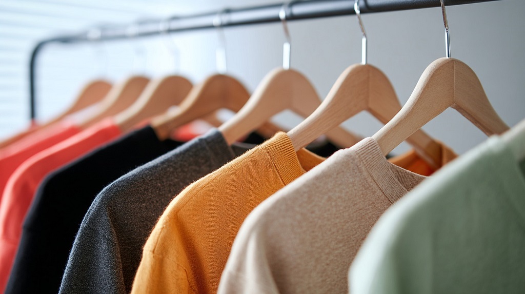 Rack with polyester, cotton, linen, and wool shirts showing fabric contrasts