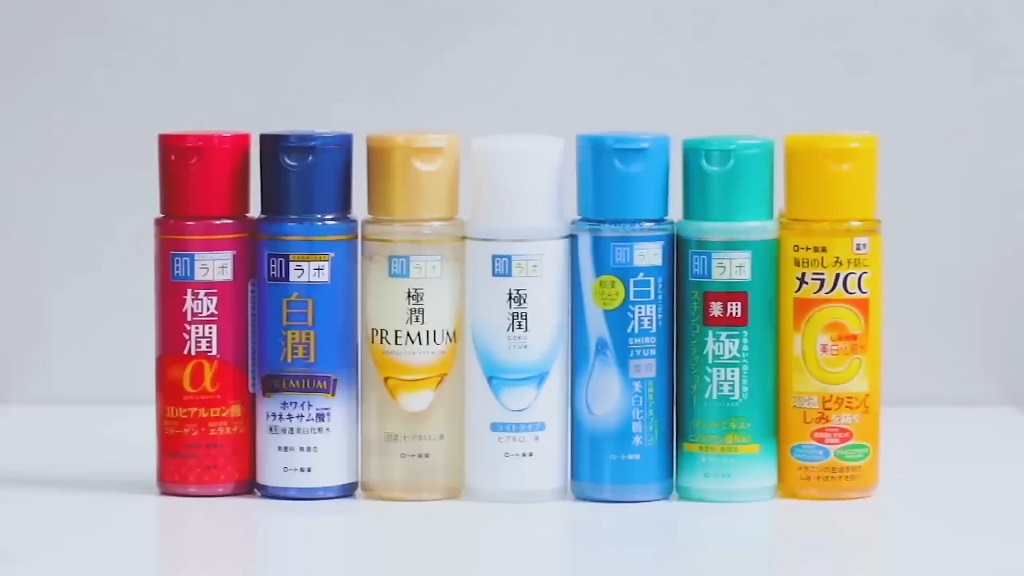 Hada Labo Japanese brand – six skincare lotions and toners in colorful bottles