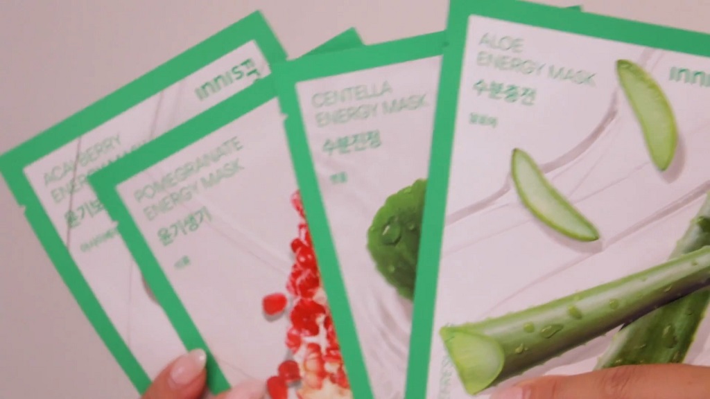 Innisfree sheet masks with designs featuring aloe, pomegranate, and other natural ingredients