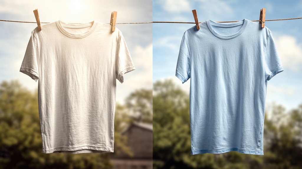 Polyester tee drying fast beside damp cotton shirt on clothesline