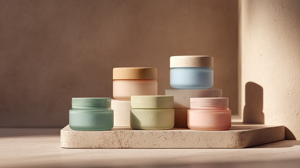 Set of pastel-colored cosmetic jars with minimalist design, arranged on a stone platform