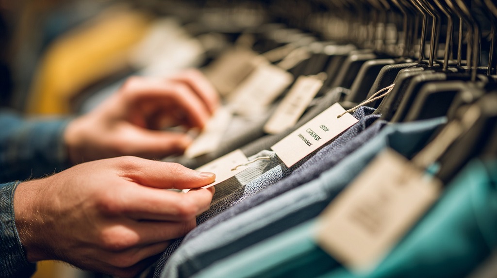 Shopper examining shirt fabric tags and seams in a store