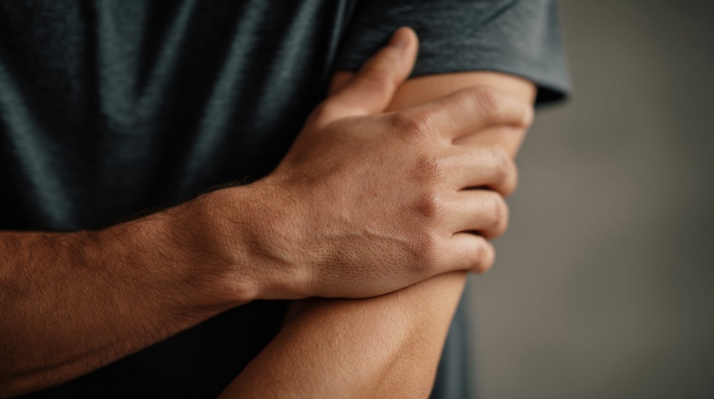 Skin irritation caused by synthetic fabric dyes on a person’s arm