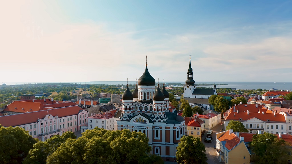 Aerial view of Tallinn, Estonia, featuring Alexander Nevsky Cathedral with its onion domes and the historic old town