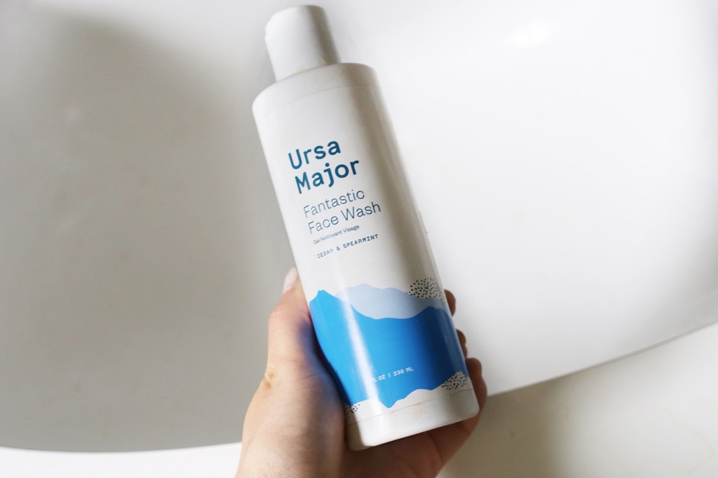 Ursa Major Fantastic Face Wash in a white bottle with blue accents, natural facial cleanser