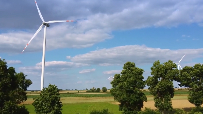 Wind turbines rotating above open farmland surrounded by trees