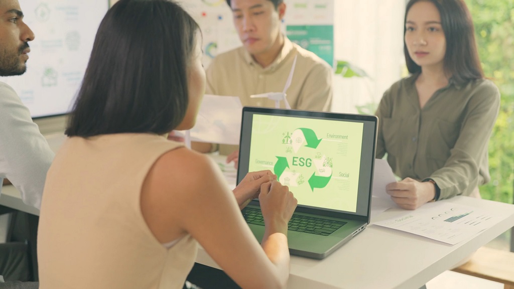 Corporate meeting where employees discuss ESG framework on a laptop screen highlighting environmental, social, and governance components