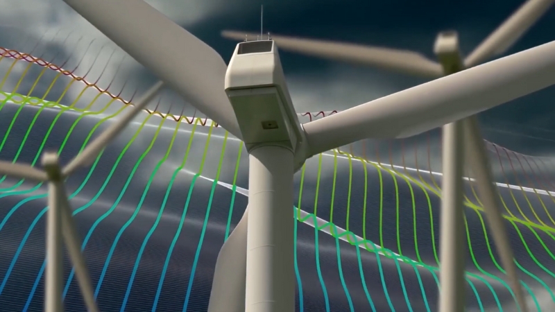 Close-up view of horizontal axis wind turbines with airflow lines