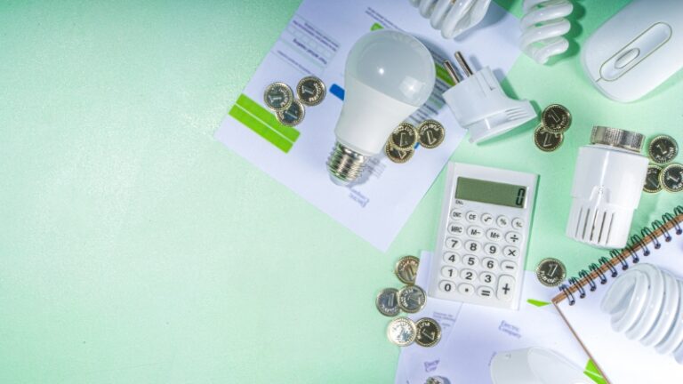 Office desk with LED bulbs, calculator, bills and coins showing how companies reduce energy costs