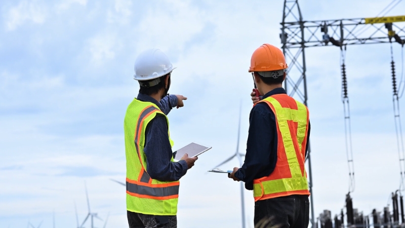 Engineers in safety gear check power infrastructure to highlight the need for leadership focus on energy efficiency