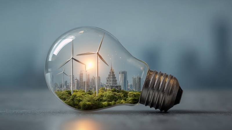 Light bulb with wind turbines and a city inside