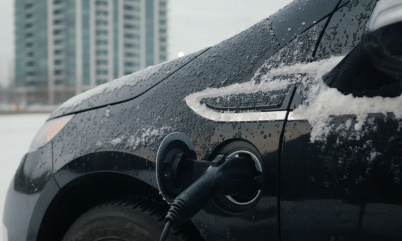 Electric car with a charging plug in snowy weather, partially covered in frost