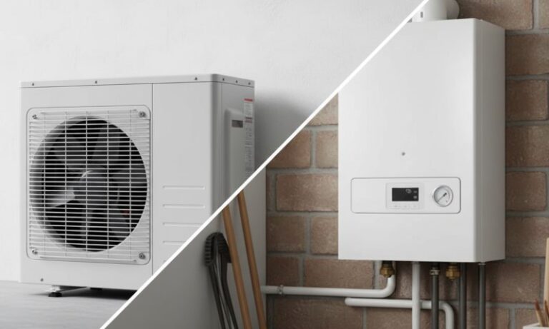 Split image showing a white HVAC unit on the left and a white wall-mounted boiler on the right