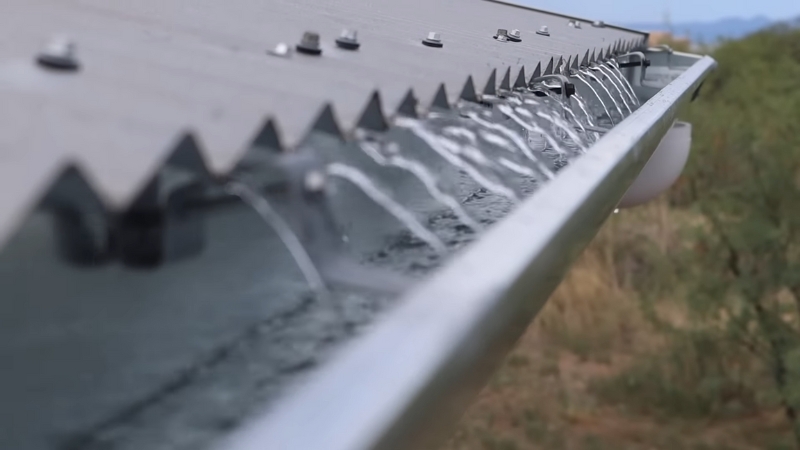 Roof gutter with leaf guard channeling rainwater toward the drainage system