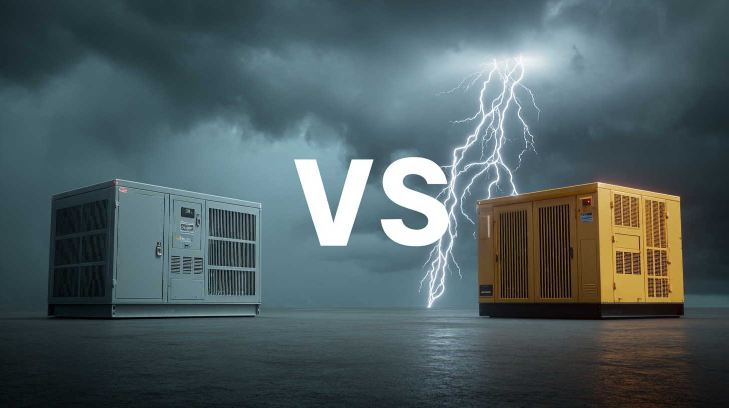 Battery storage unit and fuel generator facing each other under a stormy sky with lightning