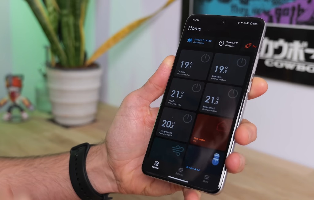 Smart thermostat mobile app displaying room temperatures and heating controls