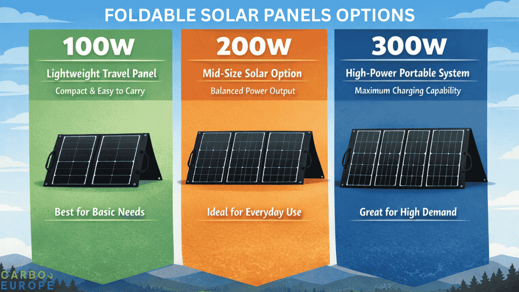 Infographic showing three foldable solar panel wattage options: 100W, 200W, and 300W for portable off-grid power use