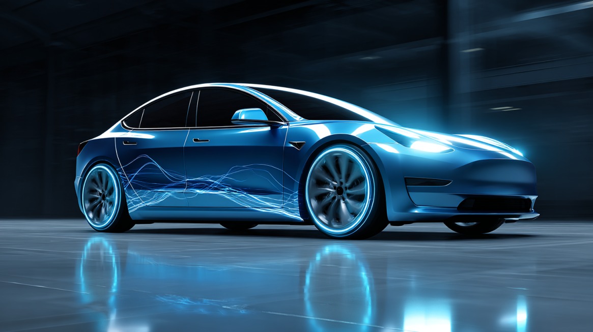 Modern electric sedan with glowing energy lines illustrating battery power and efficiency