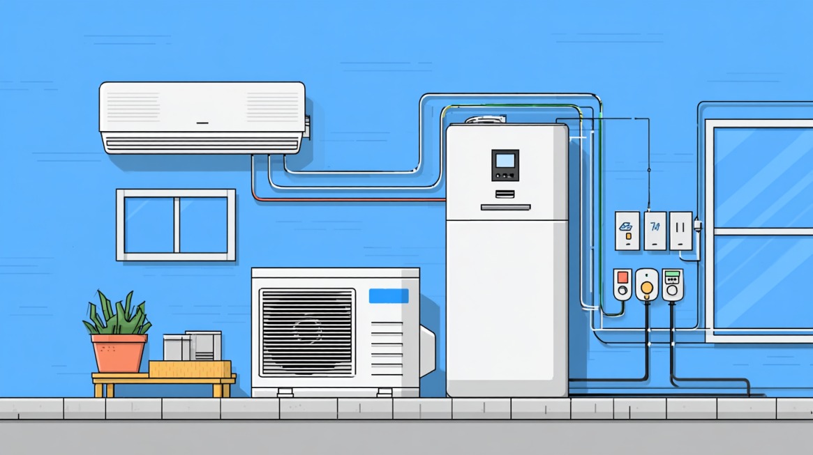 Diagram showing an air conditioner, battery unit, inverter, and electrical connections in a home
