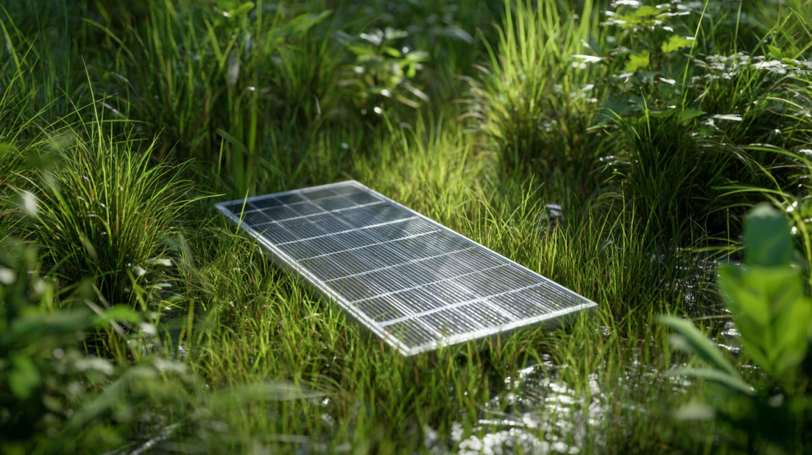 A single solar panel resting on grass surrounded by green plants and sunlight