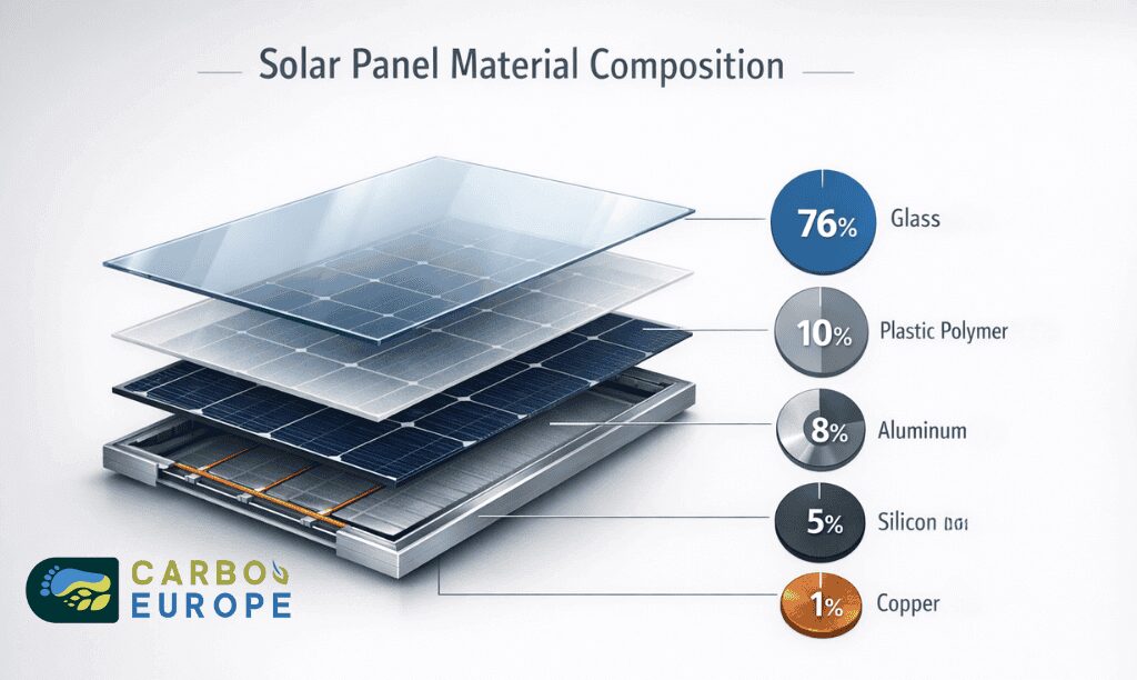 Infographic showing solar panel material composition by percentage, including glass, plastic polymer, aluminum, silicon, and copper