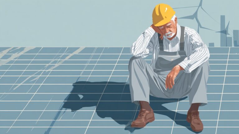 Illustration of an older worker sitting on solar panels with wind turbines in the background