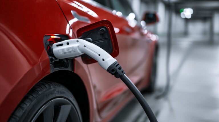 Red electric car plugged into a charging station inside a parking garage
