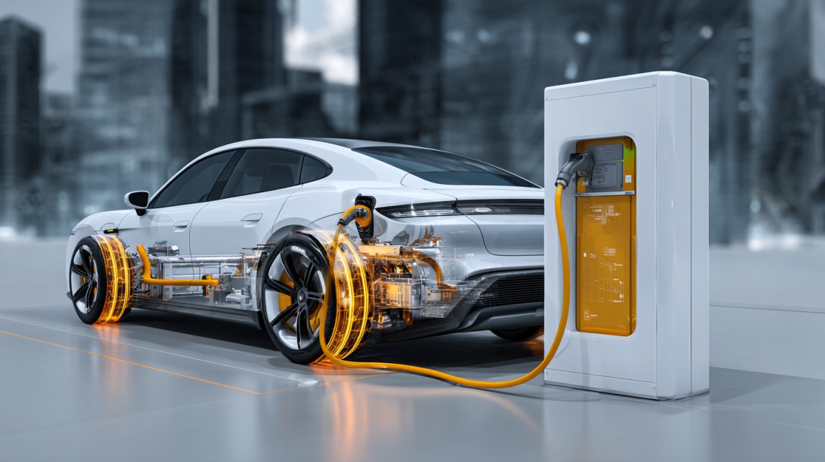 Electric vehicle connected to a charging station with a transparent view showing internal battery and power components