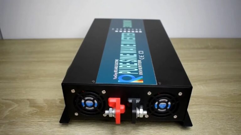 Front view of a pure sine wave inverter with cooling fans and DC battery terminals