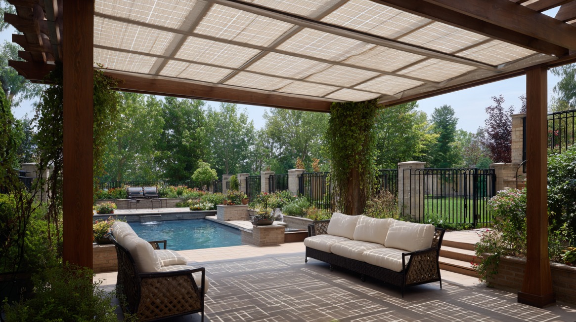 Backyard patio with pergola cover, cushioned seating, and pool surrounded by greenery