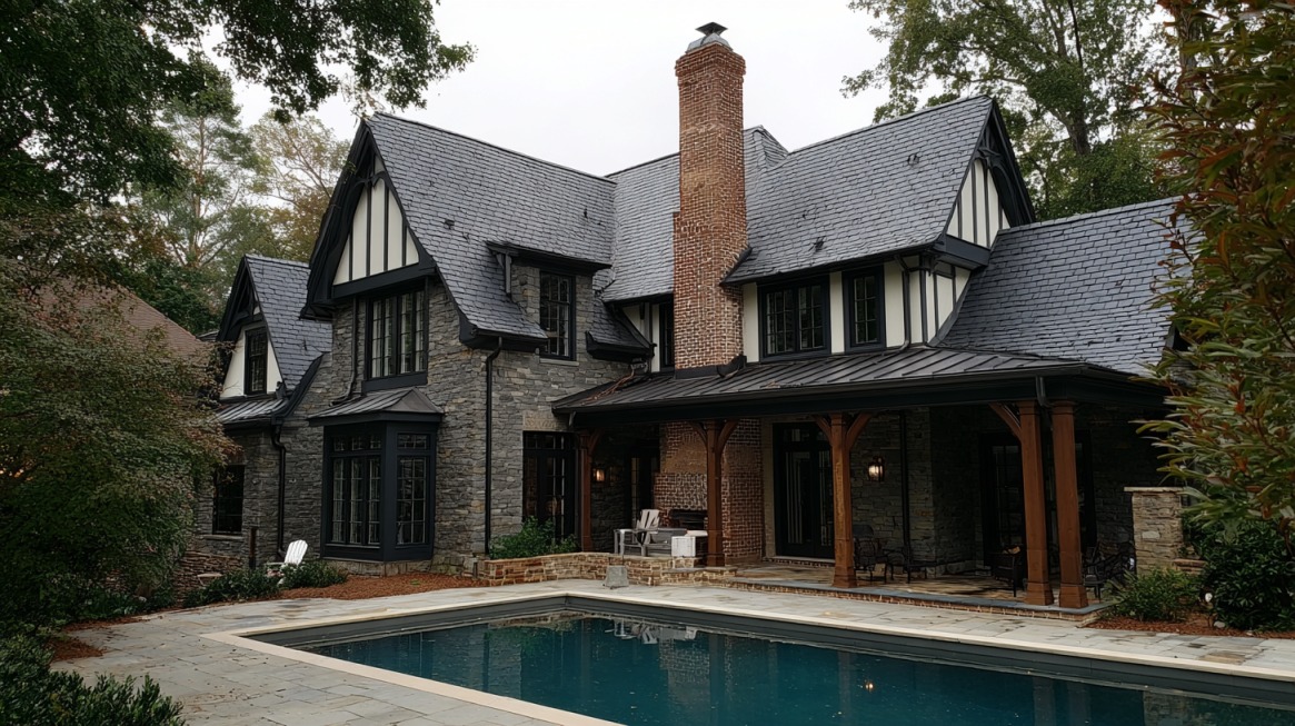 Large stone house with dark roof, shaded porch, and backyard pool surrounded by trees