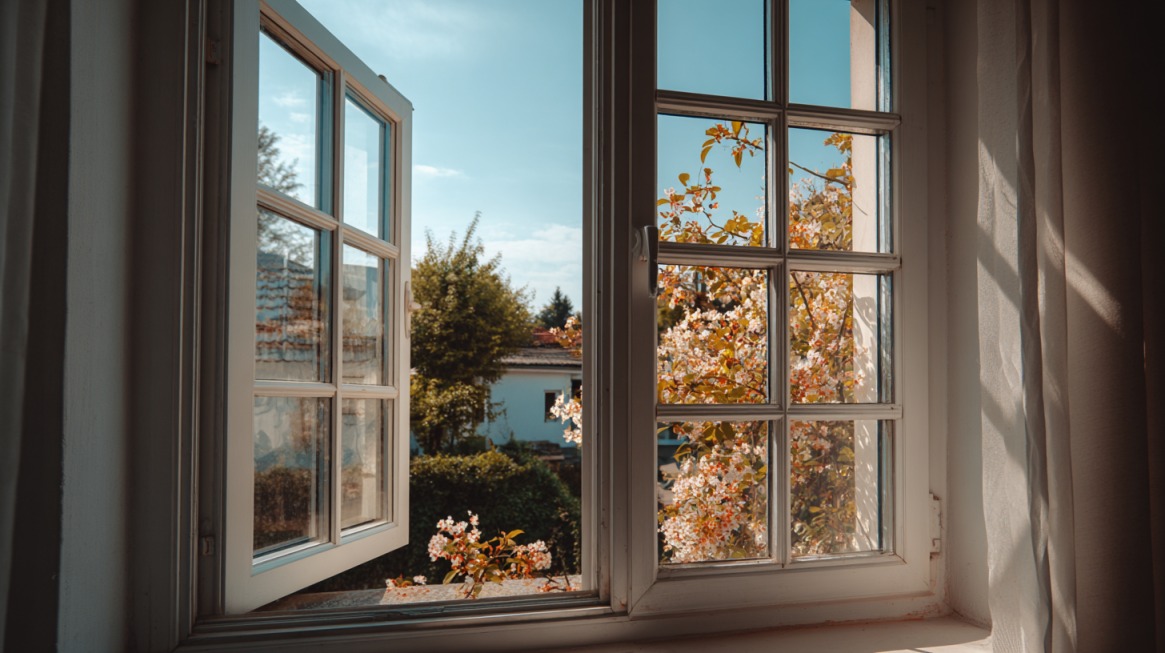 Sunlit open window overlooking trees and blooming branches outside a home