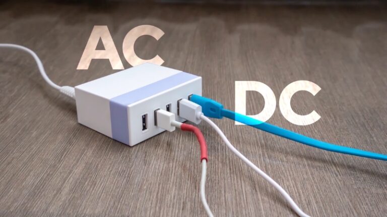 Power adapter with connected cables illustrating DC-to-AC conversion