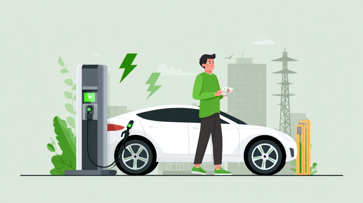 Illustration of electric car connected to a public charging station