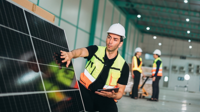 Engineer inspecting a large solar panel inside a manufacturing facility