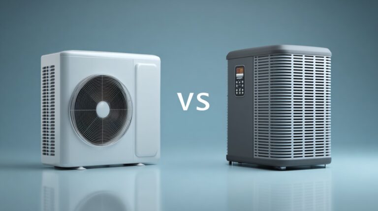 Heat pump outdoor unit and traditional furnace unit shown side by side with a comparison symbol