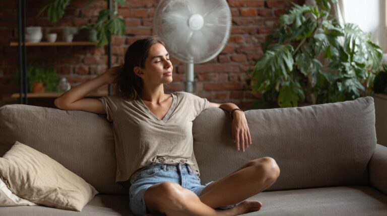 Woman relaxing on a couch in front of a standing fan in a brick-walled living room
