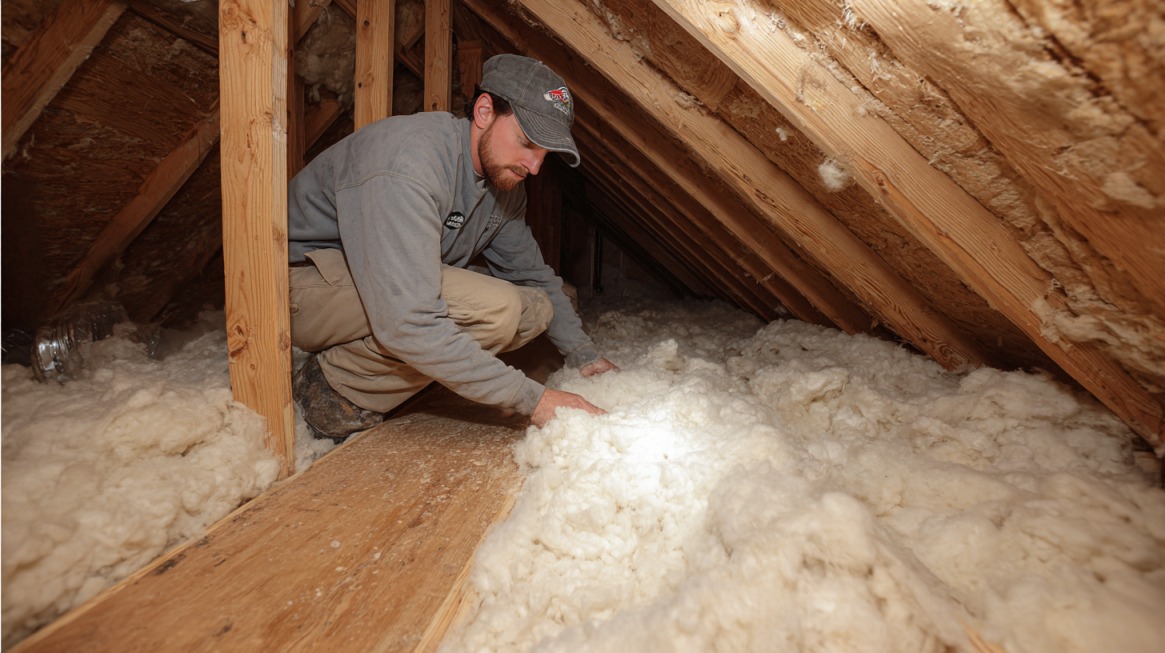 Worker installing insulation material in a home attic between wooden beams