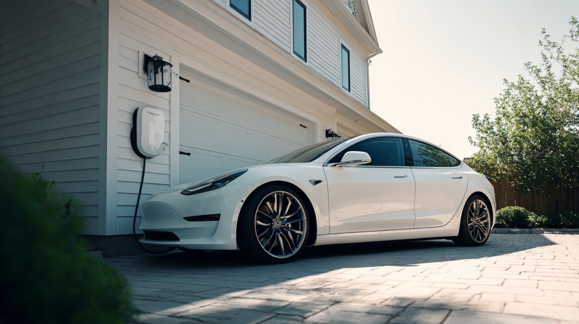 Electric car charging in a driveway at a home charging station
