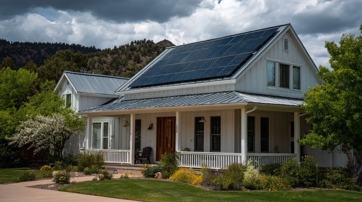 White house with rooftop solar panels and landscaped yard under a cloudy sky