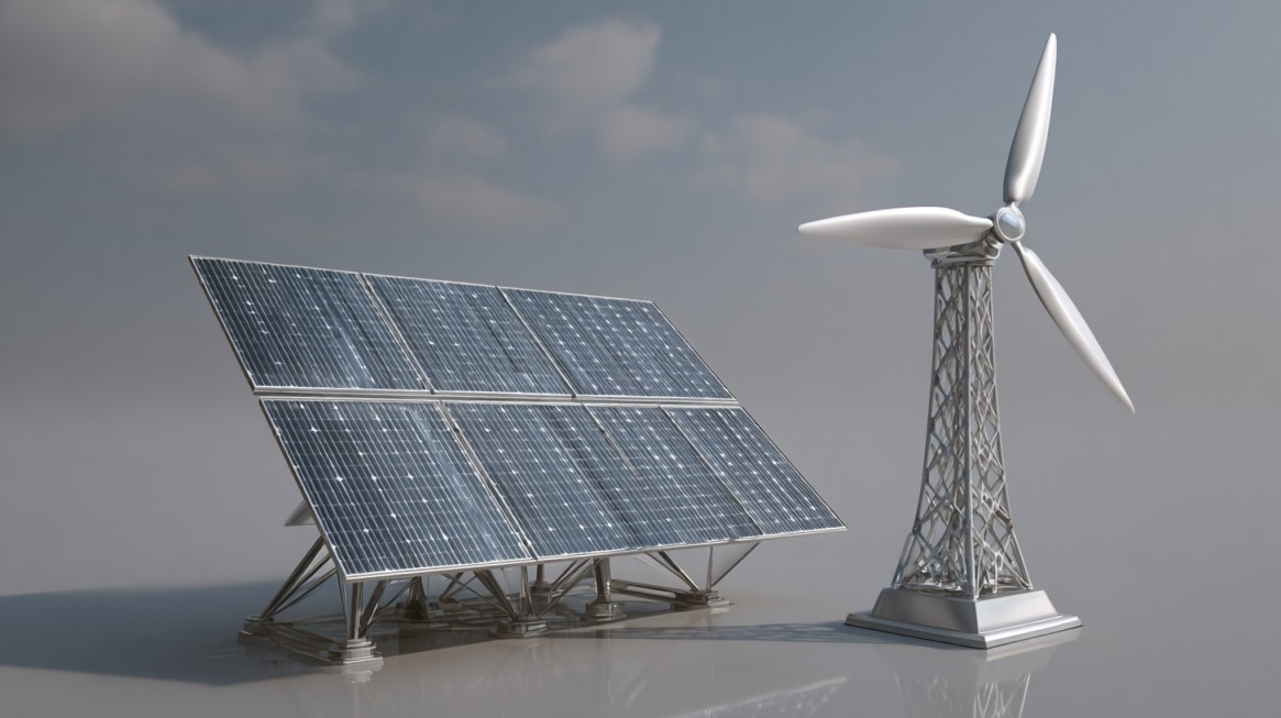 Solar panel array next to a small wind turbine model showing renewable energy installation options