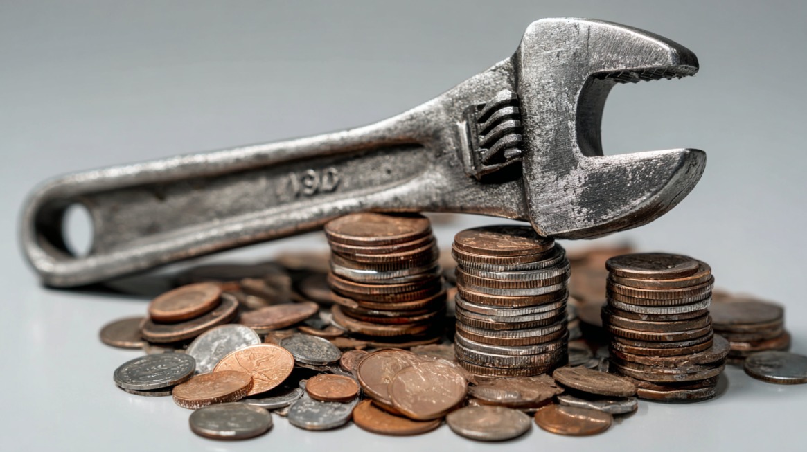 Adjustable wrench resting on stacks of coins representing maintenance costs