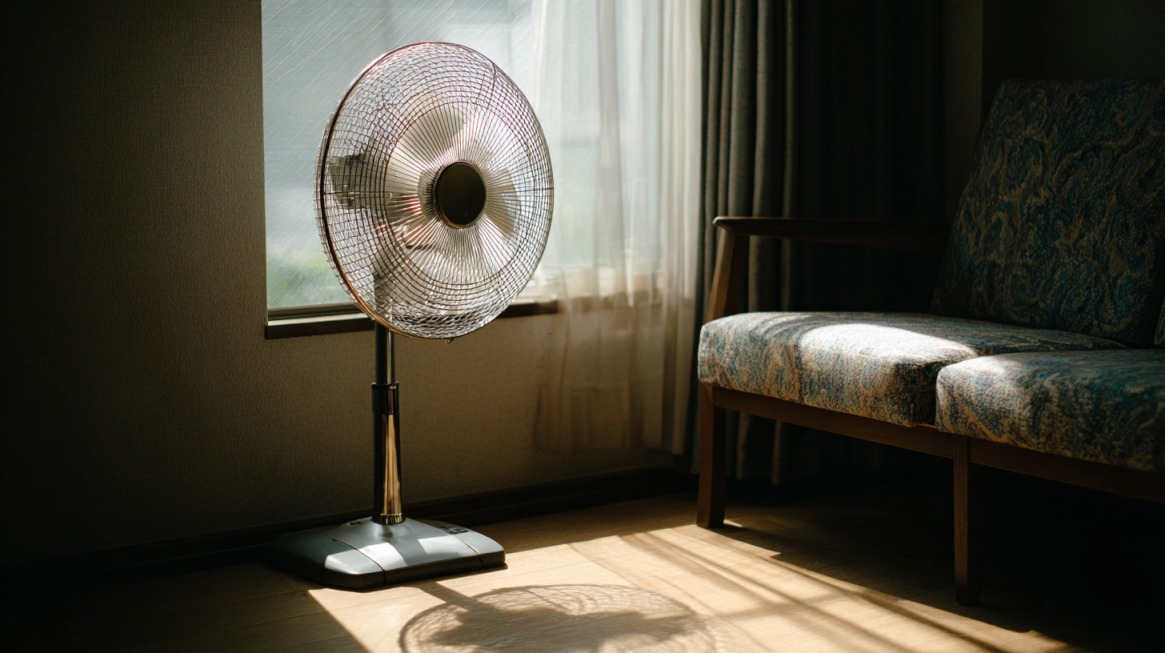 Standing fan near a sunlit window beside a cushioned chair in a living room