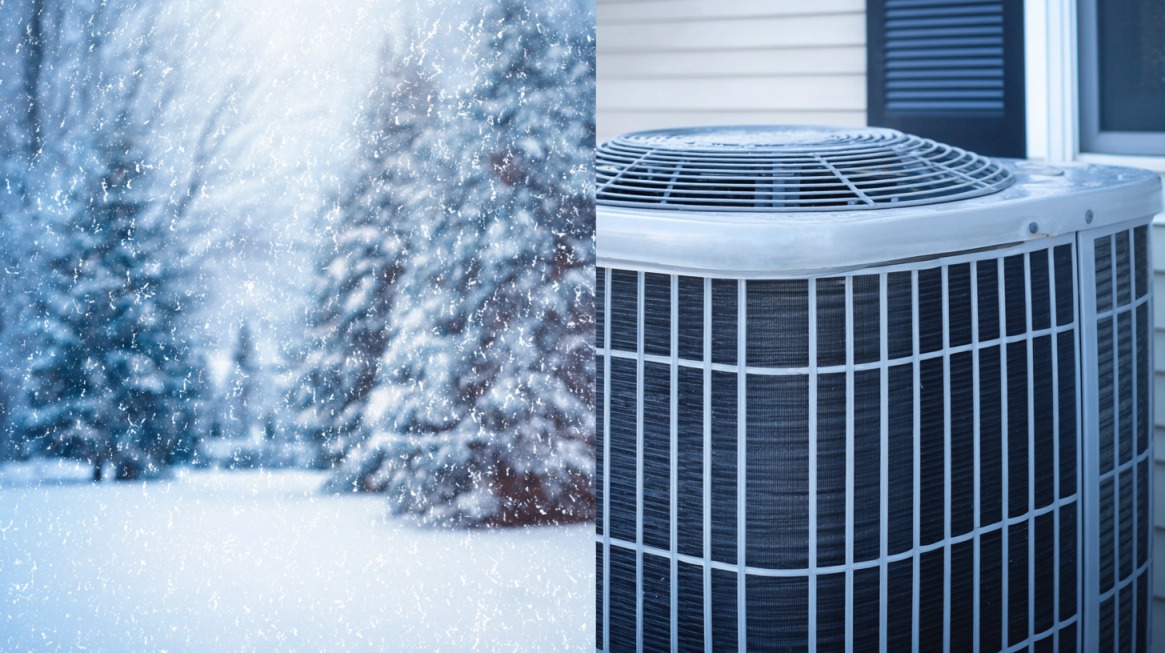 Snowy winter scene next to an outdoor HVAC unit showing cold climate heating performance